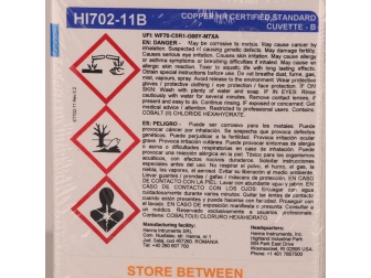 Solutions étalons cuivre, gamme large à 0,00 et 2,00 mg.L HI702-11 HANNA